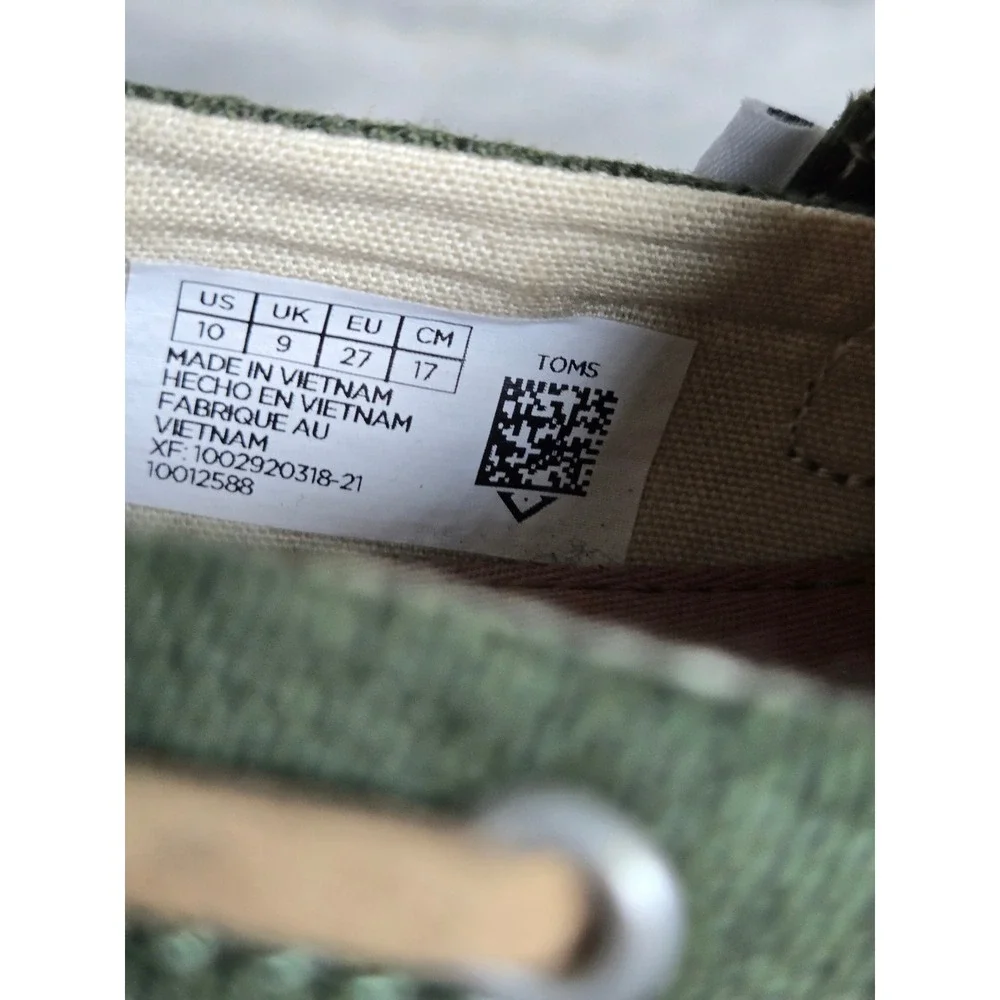 TOMS Kids Bimini Olive Green Canvas Slip On Boat Shoes‎ Hook Loop Size 10